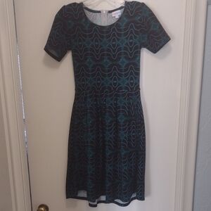 LuLaRoe Black Midi Dress with Teal Geometric Print (J571)